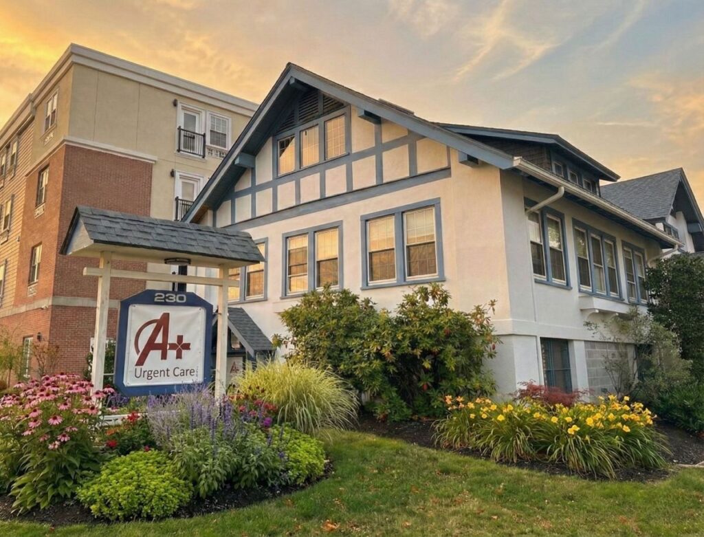 Exterior immage of A Plus Urgent Care in Bloomfield, NJ., on suset