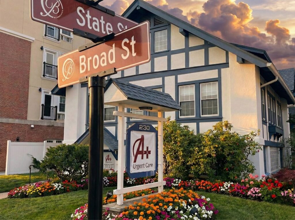 A+ Urgent Care Bloomfield NJ clinic exterior on Broad Street and State Street with visible signage and landscaped entrance for walk-in medical services