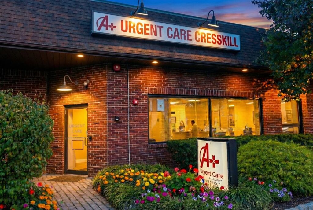 A+ Urgent Care Cresskill New Jersey walk-in clinic exterior with lit signage, front entrance, and evening lighting