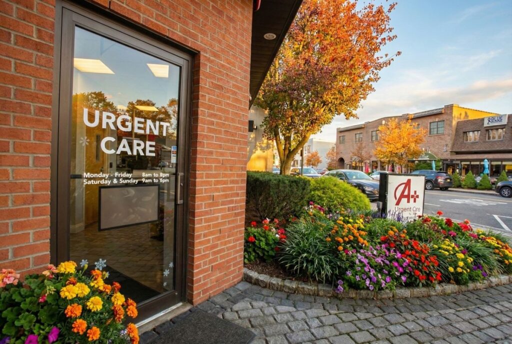 A+ Urgent Care Cresskill New Jersey walk-in clinic entrance with visible hours on glass door and landscaped exterior
