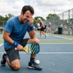 A man experiencing a pickleball eye injury on the court, holding his face in pain after being hit, highlighting the need for prompt evaluation and treatment at A+ Urgent Care.