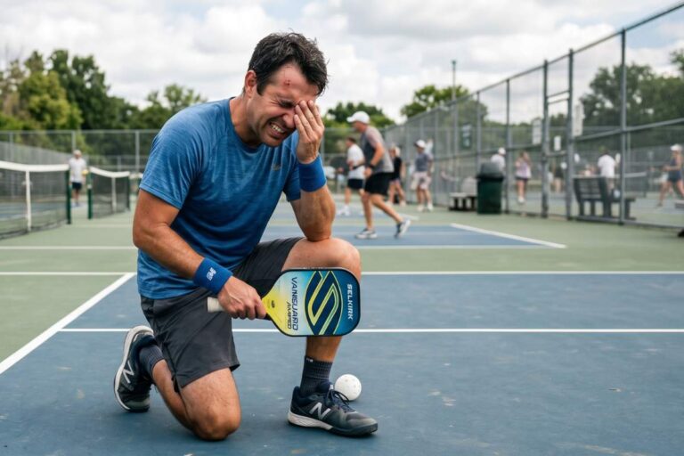 A man experiencing a pickleball eye injury on the court, holding his face in pain after being hit, highlighting the need for prompt evaluation and treatment at A+ Urgent Care.