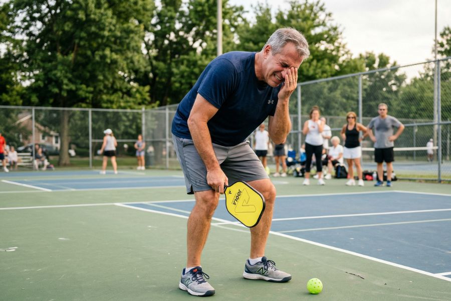 A middle-aged man struck in the eye by a pickleball on the court, holding his face in pain while other players look on, highlighting a common sports injury and when to seek treatment at A+ Urgent Care.