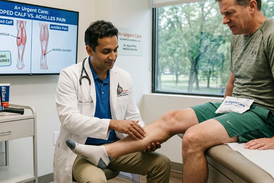 A doctor in a white coat examining a male patient's lower leg in a medical exam room, with an A+ Urgent Care digital display explaining calf and Achilles injuries in the background.
