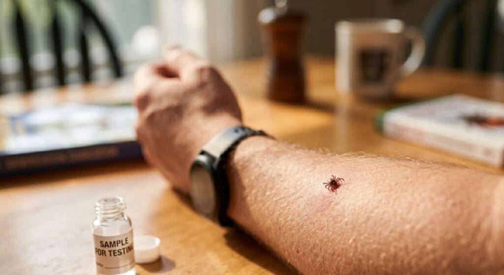 Tick on a hand placed on a table at home