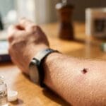 Tick on a hand placed on a table at home