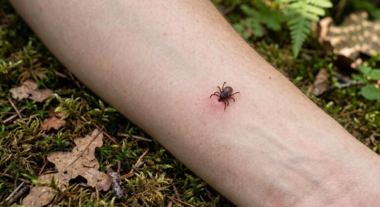Tick bite on arm in the woods over foliage