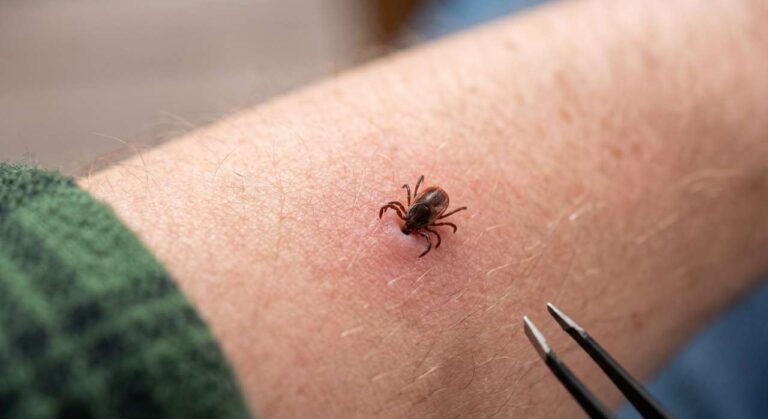 Tick Bite on a hand and tweezers to remove it