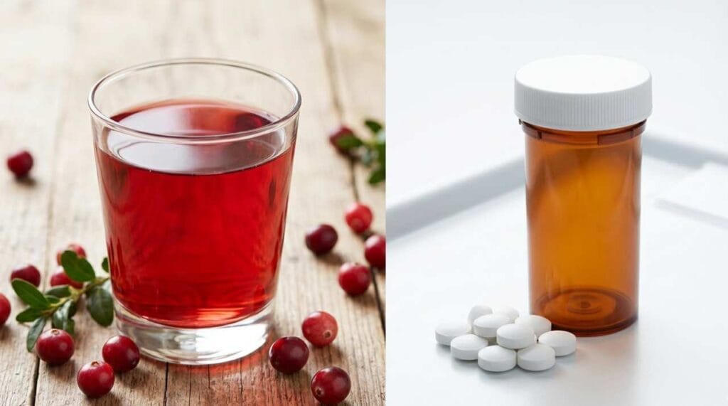 A side-by-side comparison showing a glass of cranberry juice with fresh berries on the left and a prescription pill bottle with white tablets on the right, illustrating A+ Urgent Care's guide to home remedies versus antibiotics for UTIs.