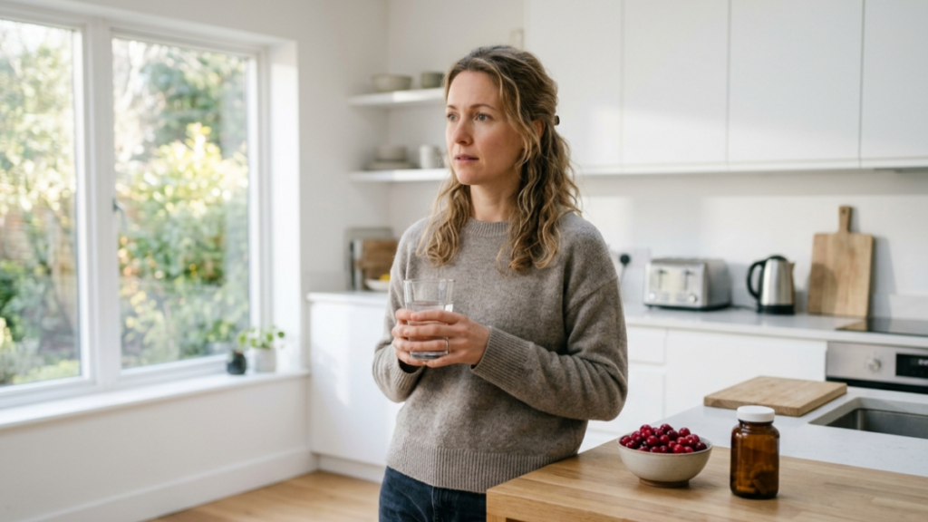A woman holding a glass of water stands in a bright kitchen next to a bowl of fresh cranberries and a prescription bottle, highlighting A+ Urgent Care's discussion on home remedies versus medical treatment for UTIs.
