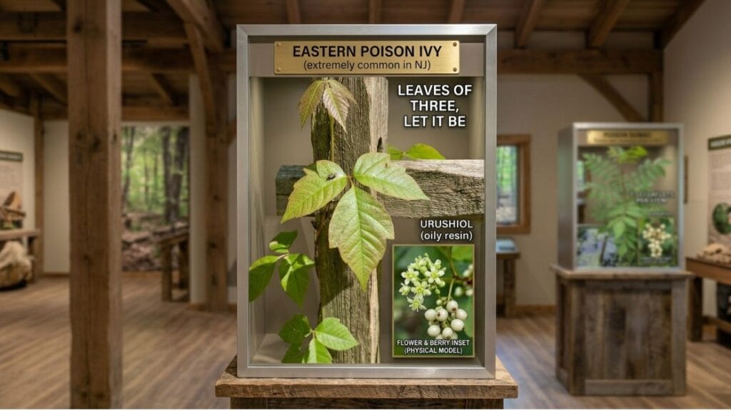 Educational display showing Eastern poison ivy, highlighting its three-leaf pattern, urushiol-containing plant parts, and identifying features commonly found in New Jersey.