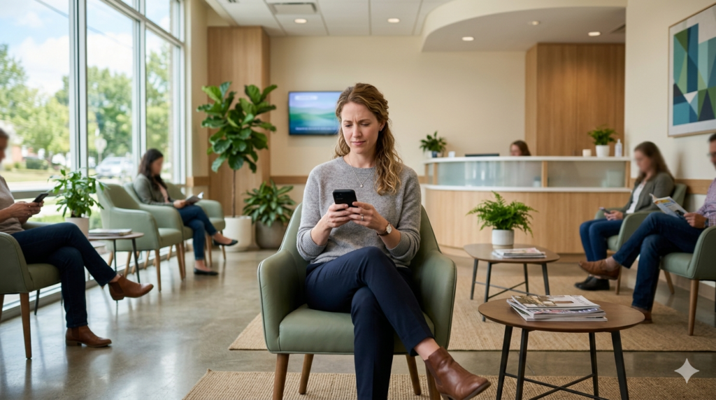A patient seated in an A+ Urgent Care waiting room, illustrating the urgent care check-in experience in a modern medical clinic setting.