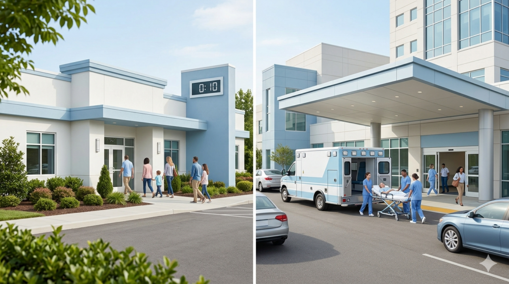 A comparison image showing urgent care versus emergency room care, illustrating walk-in urgent care access for non-life-threatening conditions and hospital emergency services for critical medical emergencies.