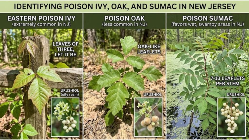 Infographic comparing poison ivy, poison oak, and poison sumac in New Jersey, highlighting key identifying features such as leaf patterns, growth habits, and urushiol-producing plants.