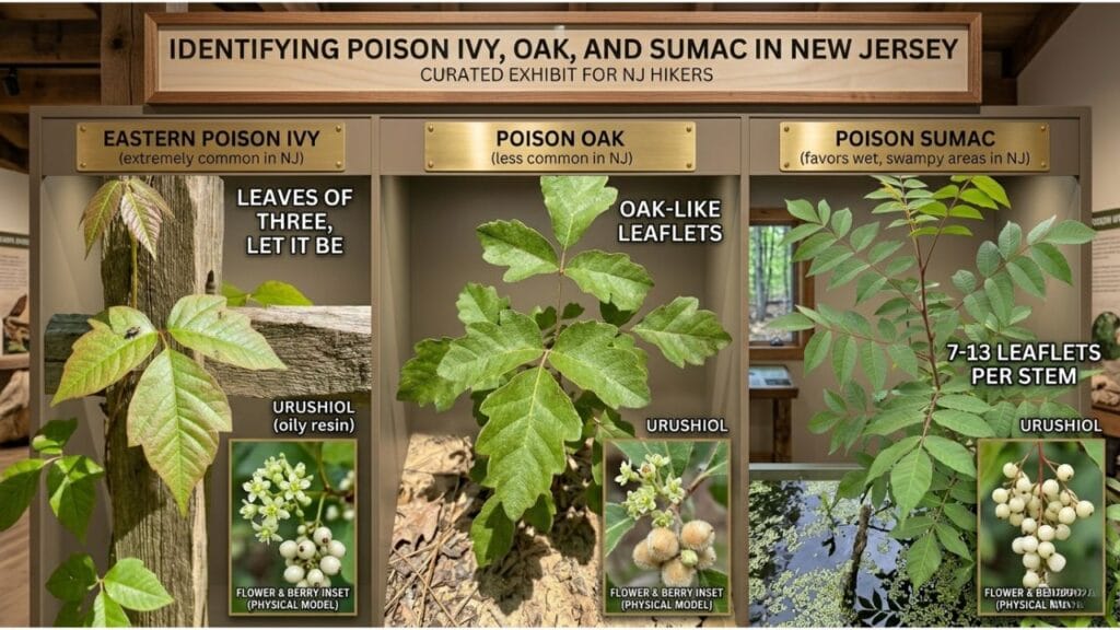 Educational display comparing poison ivy, poison oak, and poison sumac, highlighting their identifying leaf patterns and common characteristics found in New Jersey.