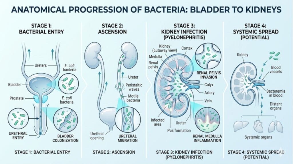 Medical infographic showing the anatomical progression of a urinary tract infection, illustrating how bacteria can spread from the bladder to the kidneys and potentially into the bloodstream.