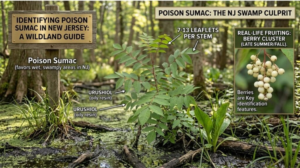 Educational guide to identifying poison sumac in New Jersey, showing its leaflet pattern, white berry clusters, and growth in wet, swampy environments.