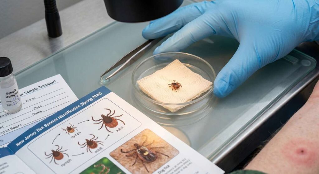 Laboratory worker examining a tick in a petri dish next to a species identification chart.