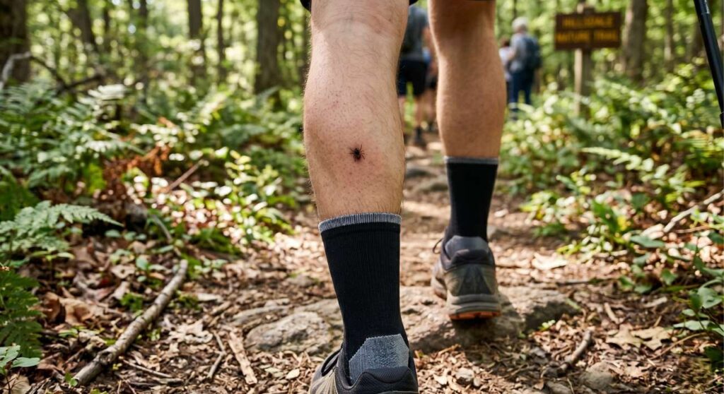 A tick attached to a leg of a hiker in the woods