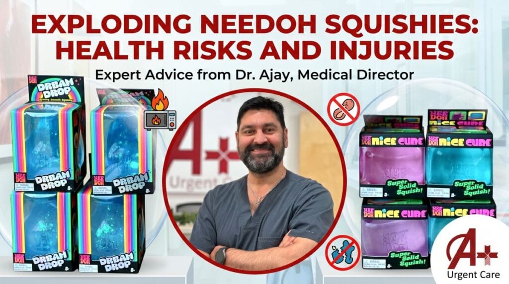 A health alert graphic featuring a portrait of dr. Ajay Jetley surrounded by needoh 'dream drop' and 'nice cube' toy boxes and red warning icons for hazards, headlined by the bold red text 'exploding needoh squishies: health risks and injuries'.