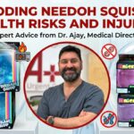 A health alert graphic featuring a portrait of dr. Ajay Jetley surrounded by needoh 'dream drop' and 'nice cube' toy boxes and red warning icons for hazards, headlined by the bold red text 'exploding needoh squishies: health risks and injuries'.
