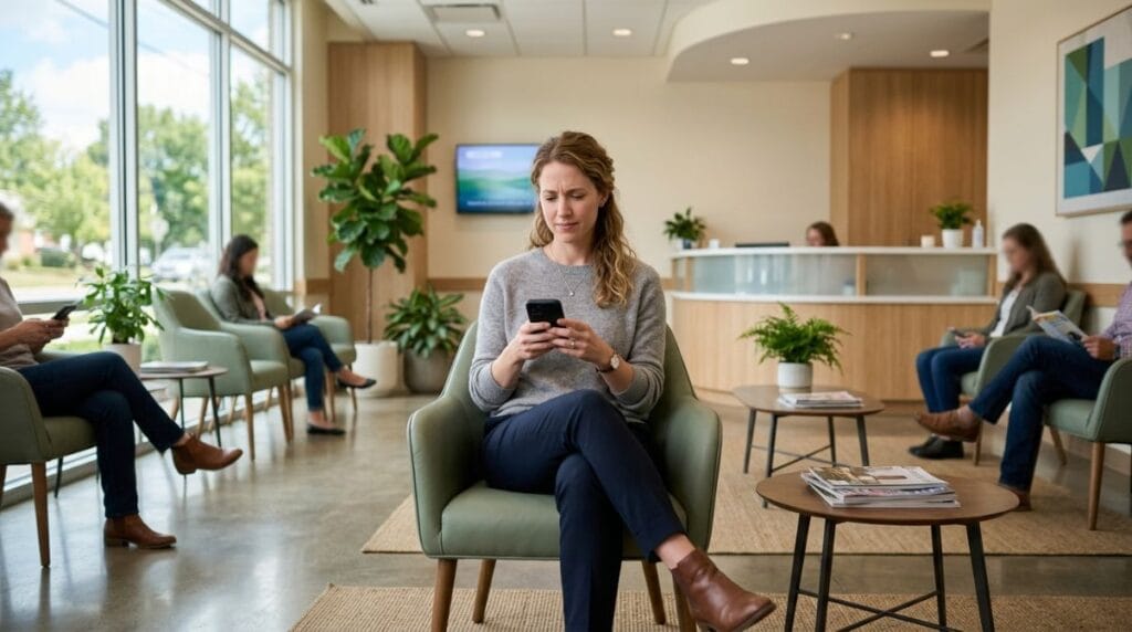 A woman looks at her smartphone while sitting in a bright, modern medical clinic waiting room alongside other patients.