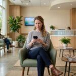 A woman looks at her smartphone while sitting in a bright, modern medical clinic waiting room alongside other patients.