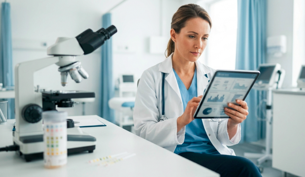 A+ Urgent Care medical provider reviewing diagnostic test results for UTI or yeast infection evaluation.