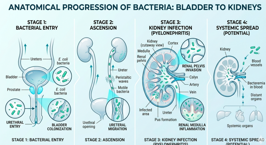 Medical infographic showing how a urinary tract infection can spread from the bladder to the kidneys and bloodstream if left untreated.