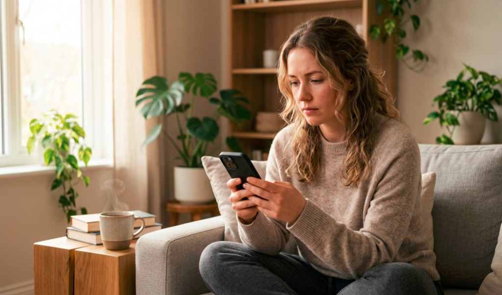 A+ Urgent Care patient researching UTI vs. yeast infection symptoms at home.