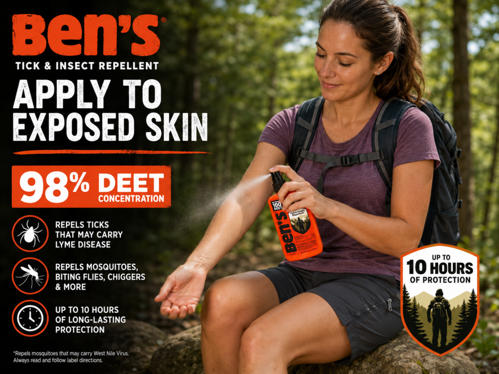 A woman applying Ben’s 98% DEET tick and insect repellent spray to exposed skin outdoors for long-lasting protection against ticks, mosquitoes, and biting insects.