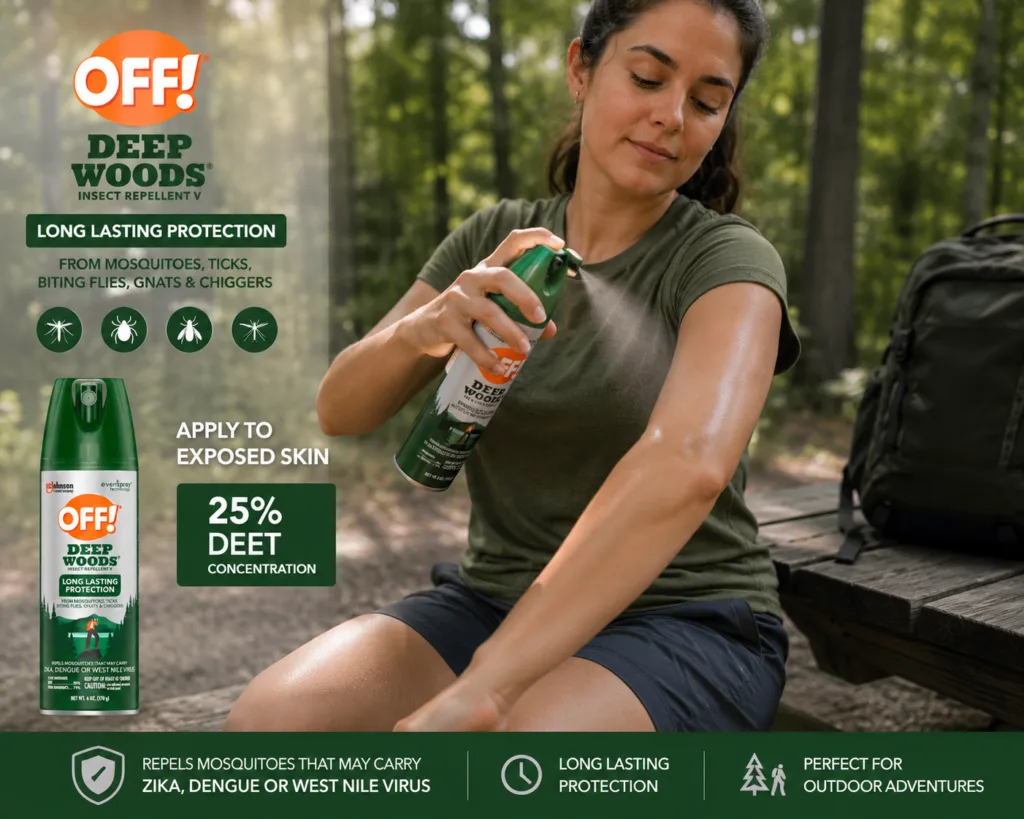 A woman applying OFF! Deep Woods insect repellent to exposed skin outdoors, highlighting 25% DEET protection against mosquitoes, ticks, biting flies, gnats, and chiggers.