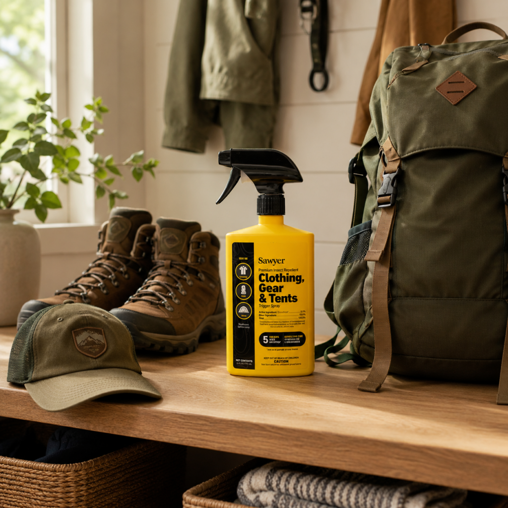 Sawyer Clothing, Gear & Tents insect repellent displayed with outdoor hiking and camping gear.