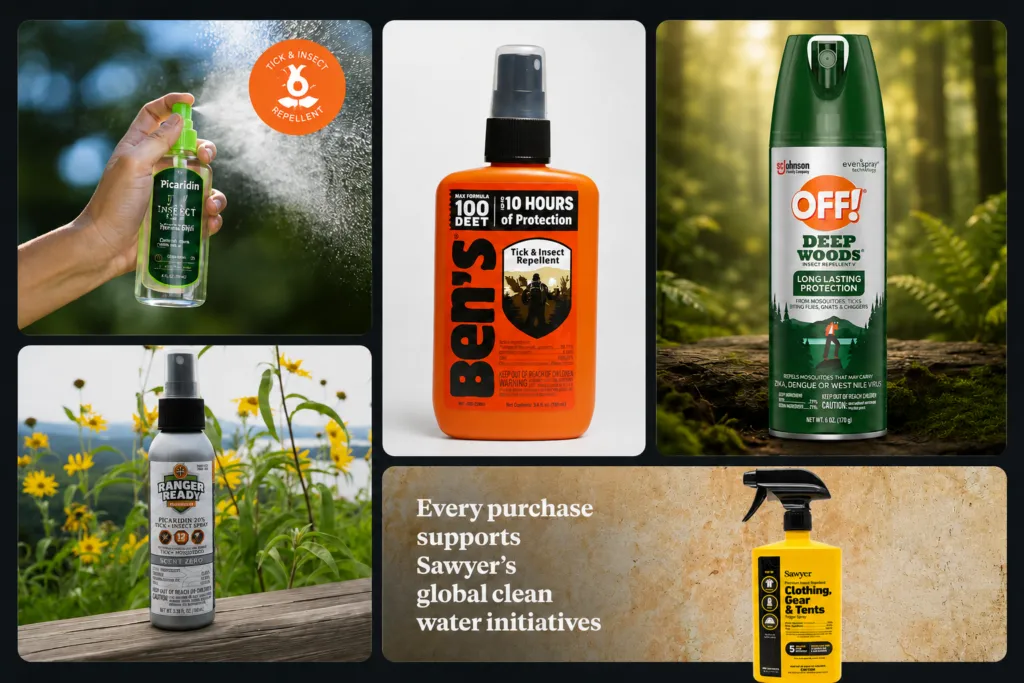 Collage of insect repellent products, including sprays for ticks and mosquitoes, Sawyer clothing and gear treatment, and outdoor protection options.