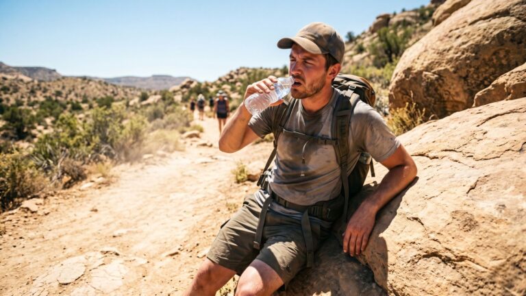 Hiker drinks water on a trail while showing signs of dehidration