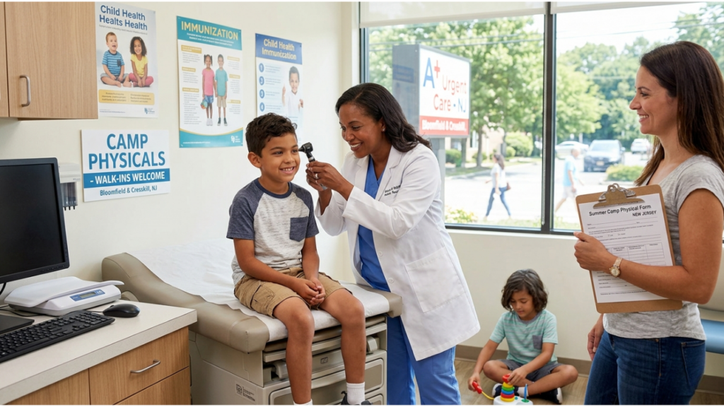A pediatrician in a white coat and blue scrubs uses an otoscope to examine a young boy's ear in a clean, brightly lit medical examination room