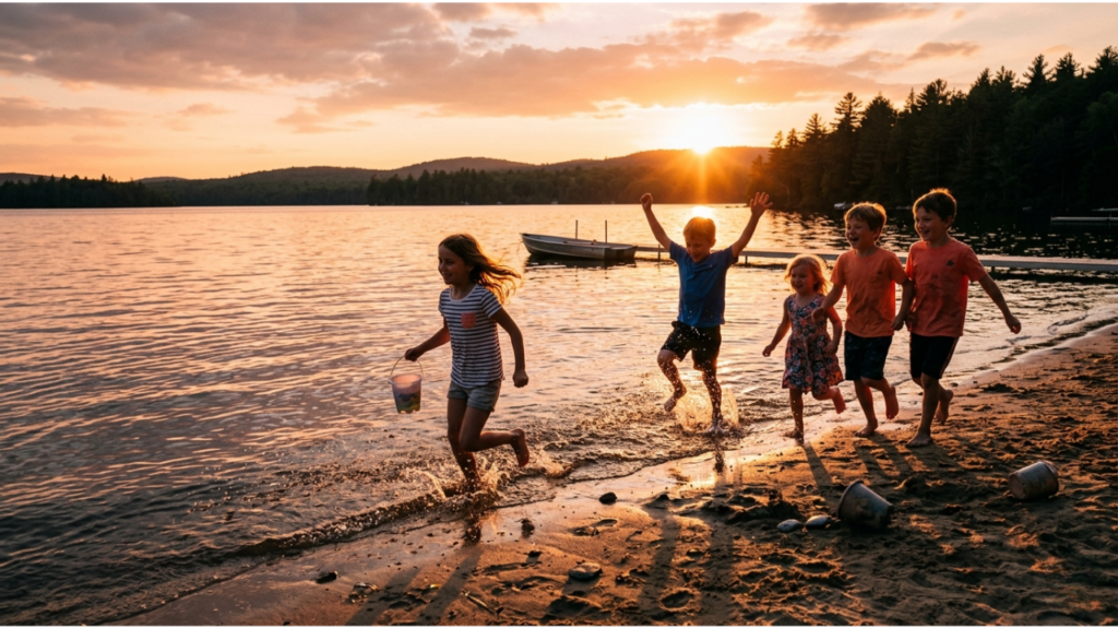 Five joyful, barefoot children running and jumping along a lake shoreline at sunset. Backlit by warm, golden light, they are splashing in the shallow water and across the sand.