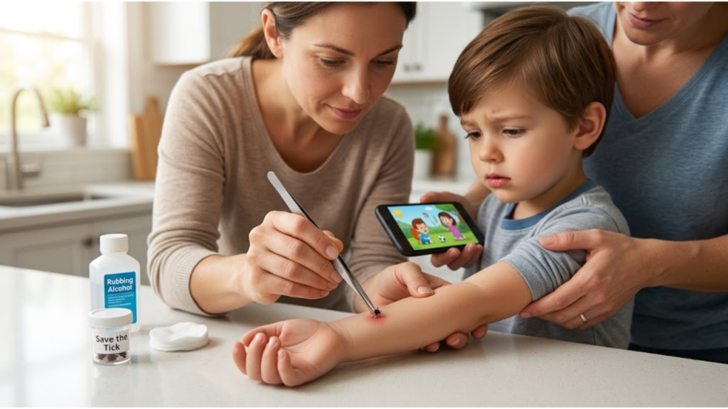 A child having a tick carefully removed from their arm at home with a parent assisting.
