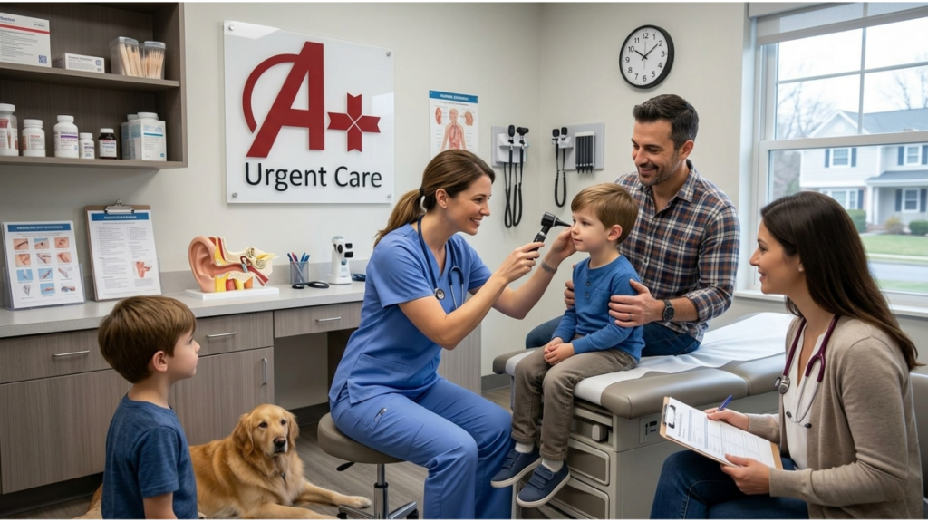 Kid getting his ear checked at A+ ugent care