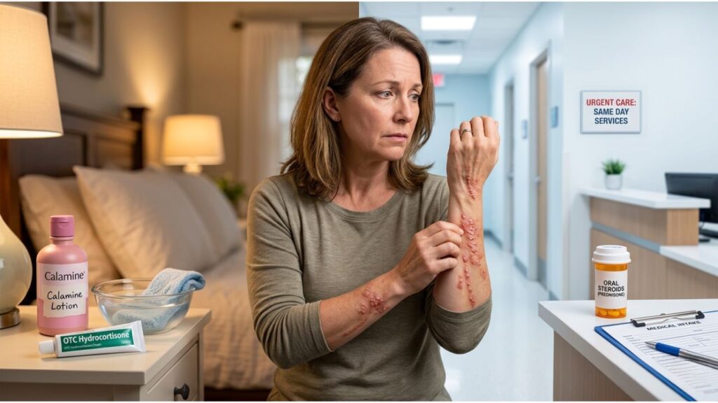 A patient with a poison ivy rash on her arm, using home treatments while considering urgent care for worsening symptoms and severe skin irritation.