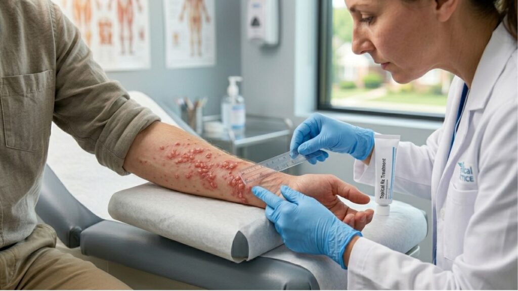 A healthcare provider examining a severe poison ivy rash on a patient's arm, demonstrating medical evaluation and treatment for poison ivy exposure.