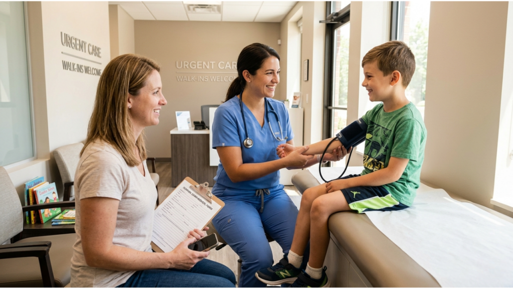 A medical professional takes a smiling young boy's blood pressure as his mother observes in an Urgent Care setting, as seen in Pre Camp Check up