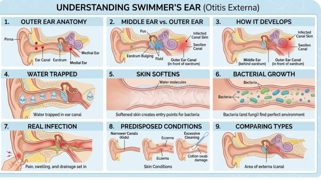 An illustrated medical chart, titled "Understanding Swimmer’s Ear (Otitis Externa),