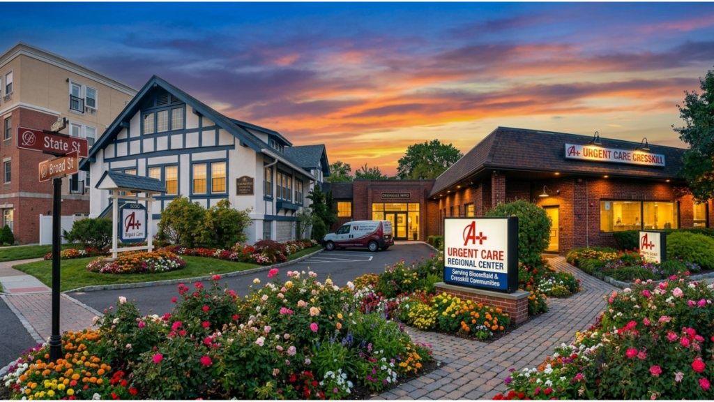 A+ Urgent Care Bloomfield and Cresskill New Jersey walk-in clinic exterior with lit signage, front entrance, and evening lighting