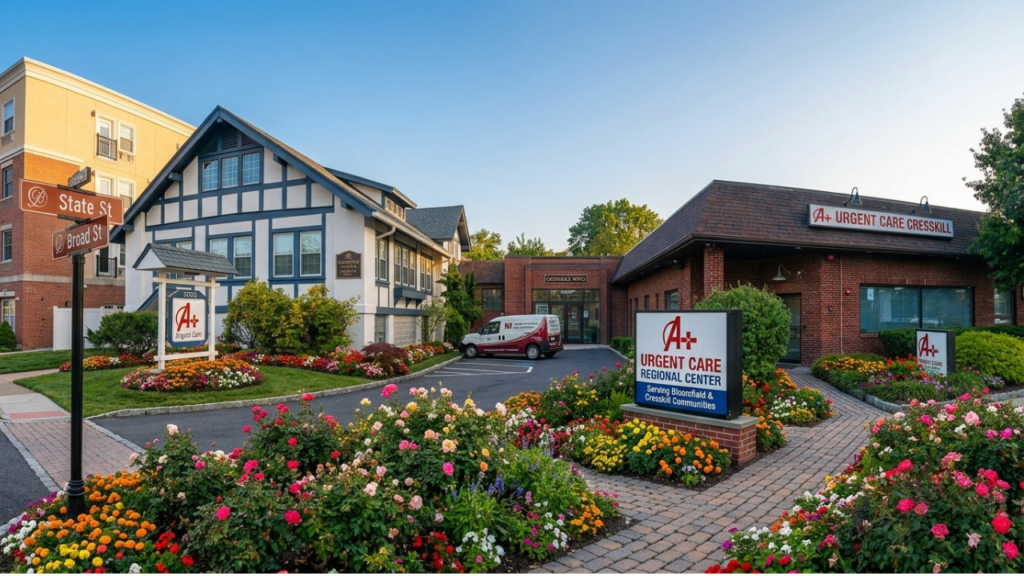 A+ Urgent Care Bloomfield and Cresskill New Jersey walk-in clinic exterior with lit signage, front entrance, and morning lighting