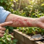 A localized, streaky poison ivy rash on a forearm, which is a common reaction typically treated at an urgent care clinic rather than the emergency room.