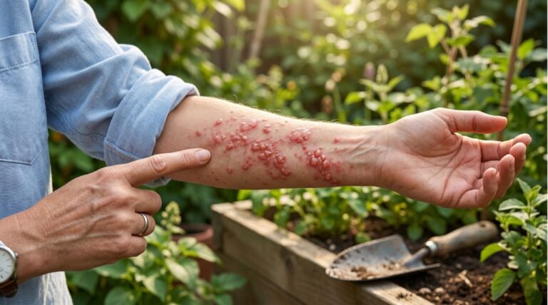 A localized, streaky poison ivy rash on a forearm, which is a common reaction typically treated at an urgent care clinic rather than the emergency room.
