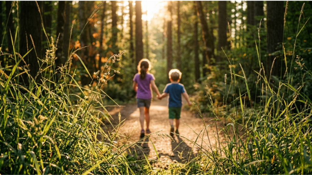 Children walking through tall grass in a wooded area, highlighting tick exposure risk during outdoor activities.