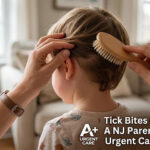 A parent checking a child’s hair for ticks, highlighting tick bite prevention and urgent care guidance for children.