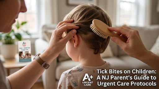 A parent checking a child’s hair for ticks, highlighting tick bite prevention and urgent care guidance for children.